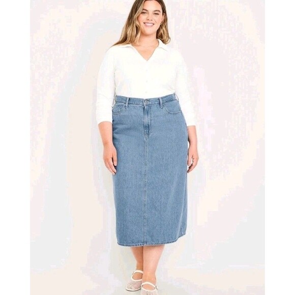 Old Navy Dresses & Skirts - Old Navy Skirt Womens 16 Blue High Rise Wow Midi Denim Skirt Back Slit Pockets